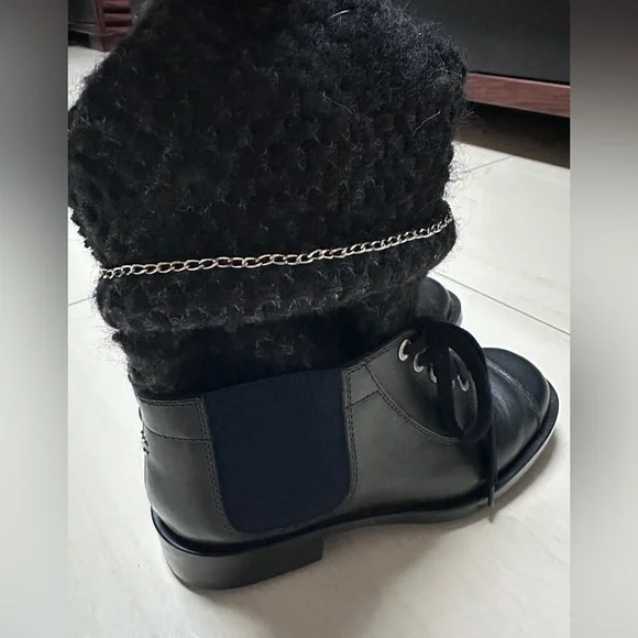 Auth Chanel Black Navy Blue Tweed Boots Socks Boots 39 Women - Picture 3 of 16